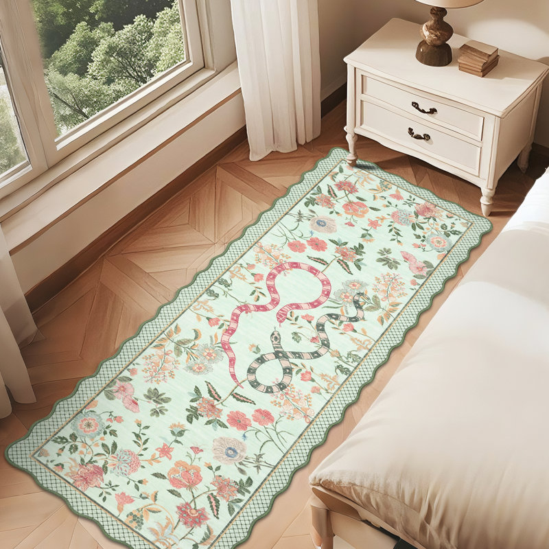 Farmhouse Floral Rug Washable Rug Non Slip Modern Scalloped Carpet, Soft Non Shedding Indoor Carpet, Low Pile Thin Foldable Printed Mat