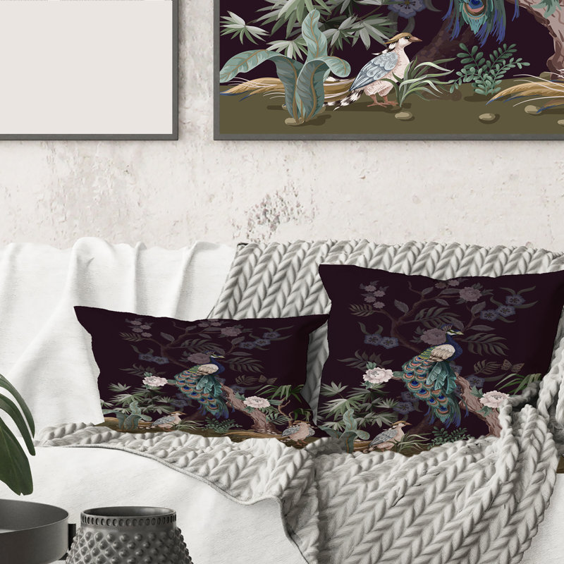 Carré, chinoiserie avec oiseaux et pivoines - Coussin décoratif à imprimé traditionnel, 18" x 18"