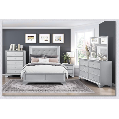 Silver Finish Glam LED Light Queen Bed Upholstered Button Tufted Headboard Contemporary Bedroom Furniture 1Pc