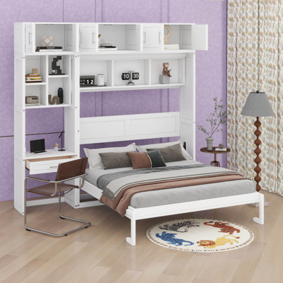 Grand lit escamotable mural avec bureau, armoire supérieure et tête de lit bibliothèque