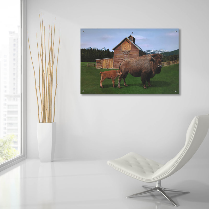  «Creekside's American Bison» par Jim Brune, art mural en verre acrylique, 36 po x 24 po