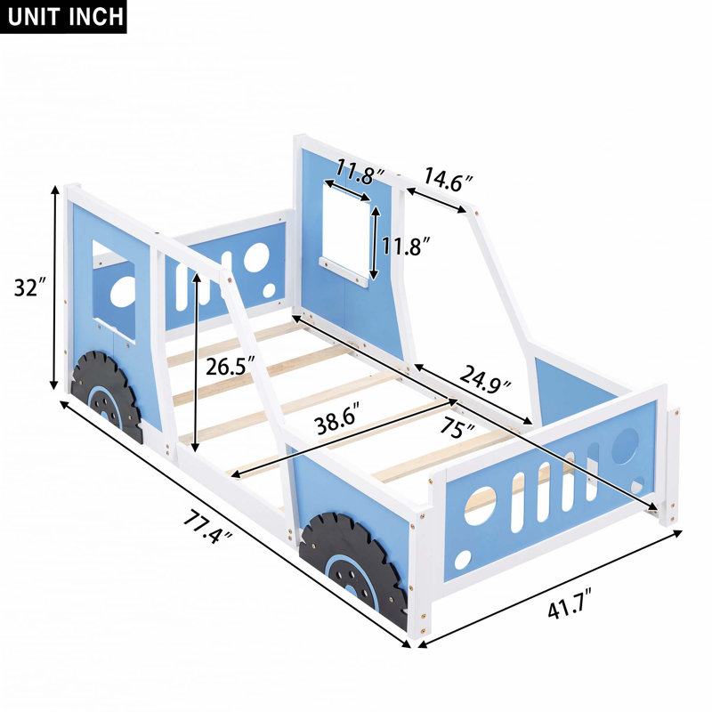 Lit plateforme classique en forme de voiture, Bleu, Simple