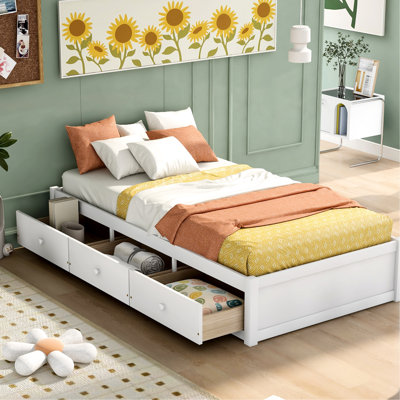 Lit plateforme simple en bois massif avec 3 tiroirs - Blanc pour un environnement de sommeil paisible et pour se détendre