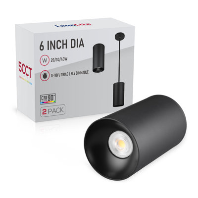 6 Inch 20W/30W/40W Selectable 5Cct Zoomable Led Cylinder Pendant Light, 30°-60° Beam Angle, Black