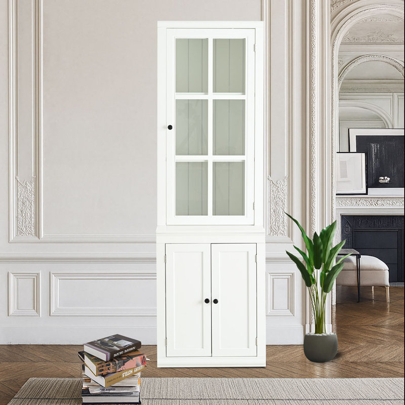 Grande armoire autoportante blanche à trois portes avec rangement en verre et portes réglables pour la cuisine, la salle à manger et le salon