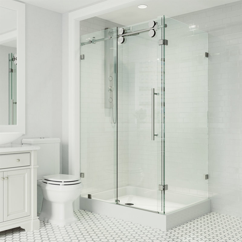 Cabine de douche coulissante sans cadre avec verre transparent 3/8 et base Winslow l 48 po x P 36 po x H 80 po