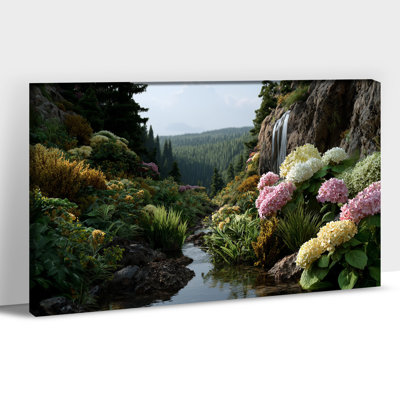 Grande toile murale, paysage de chalet de montagne avec fleurs sauvages et cascade, impressions sur toile pour le salon, chambre à coucher, ferme, affiche rustique murale, peinture prête à être suspendue, 36 po x 48 po
