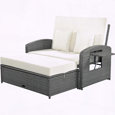 PE Wicker Rattan Double Chaise Lounge with Storage and Cover