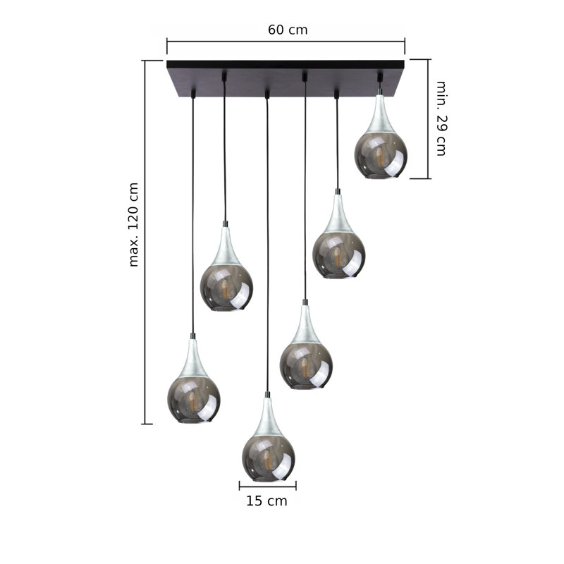Olin - Light Clear Black Kitchen Island Pendant, 29cm H x 60cm W x 60cm D, 6, Smoky Black/Silver