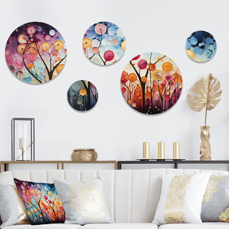 Radiant Chromatic Cascade - Abstract Collages Round Wall Art Set Of 5
