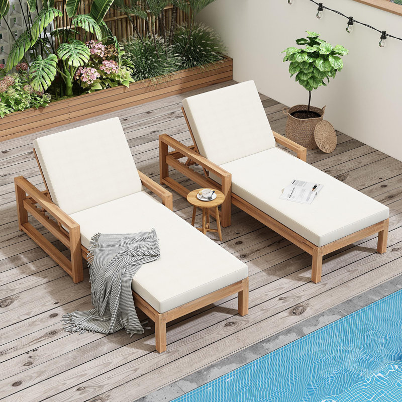 Outdoor Lounge Chairs Set Of 2, 5-Position Chaise Lounge Outdoor, Patio Chaise Lounge With Cushion & Adjustable Backrest, Pool Lounge Chairs Set Of 2 For Backyard, Deck, And Lawn, Light Teak