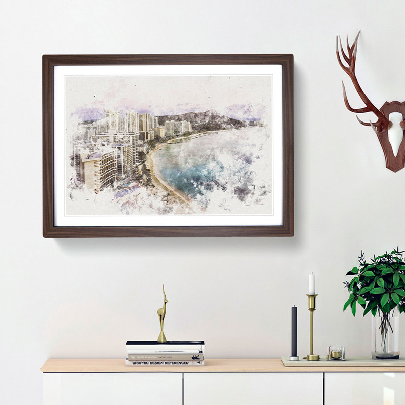 Dusk View Of Waikiki Beach - Single Picture Frame Painting on MDF, Walnut Framed, 24cm H x 33cm W x 2cm D