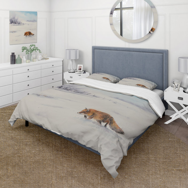 Renard roux qui court en neige blanche I - Ensemble de housse de couette Farmhouse - Microfibre de polyester