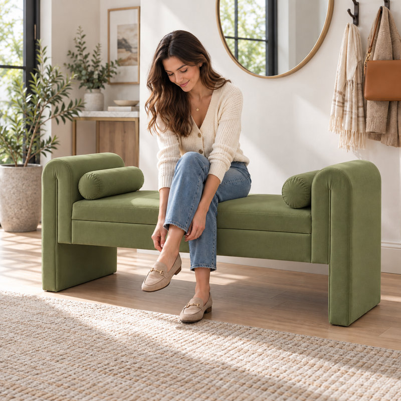 Bench for Bedroom End of Bed, 60.5- inch Upholstered Button Tufted Ottoman Bench with Rolled Arms, Button-Tufted Ottoman for Living Room, Entryway