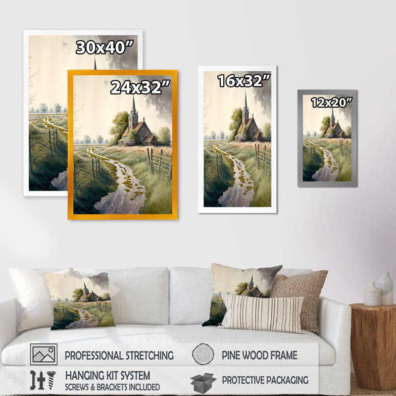 «Cerys Winding Path To Church IV», reproduction sur toile, Impression dorée sur toile encadrée, H 32 po x l 16 po x P 1 po
