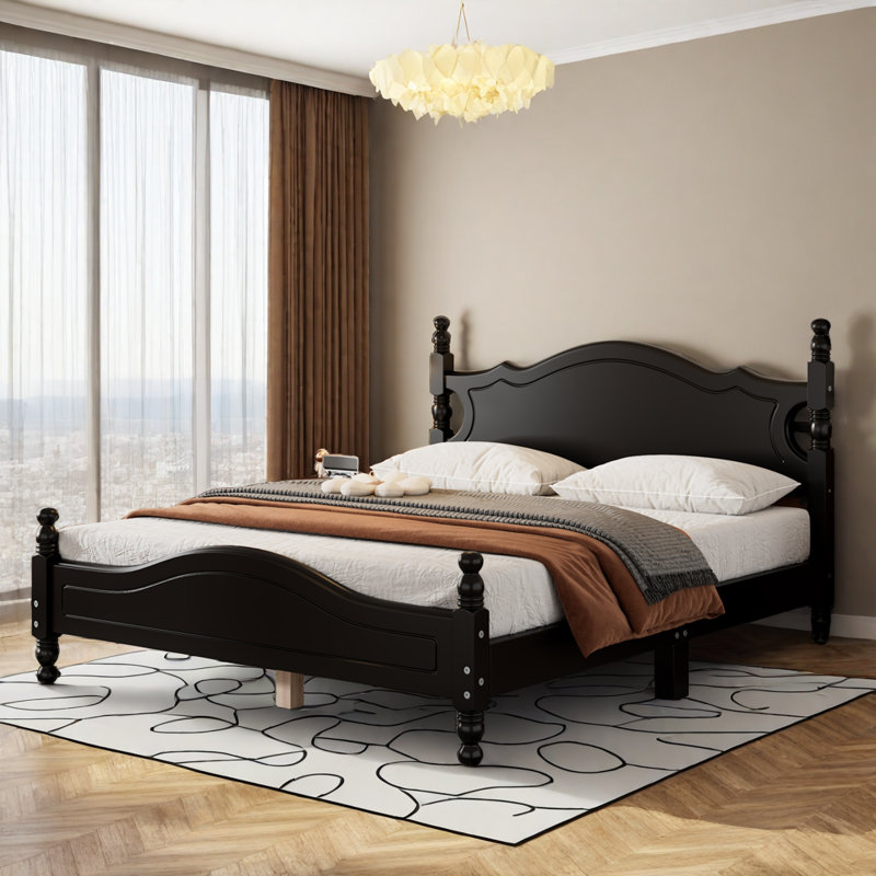 Lit plateforme moderne en bois massif rustique avec support de lattes durable, Noir, Grand lit