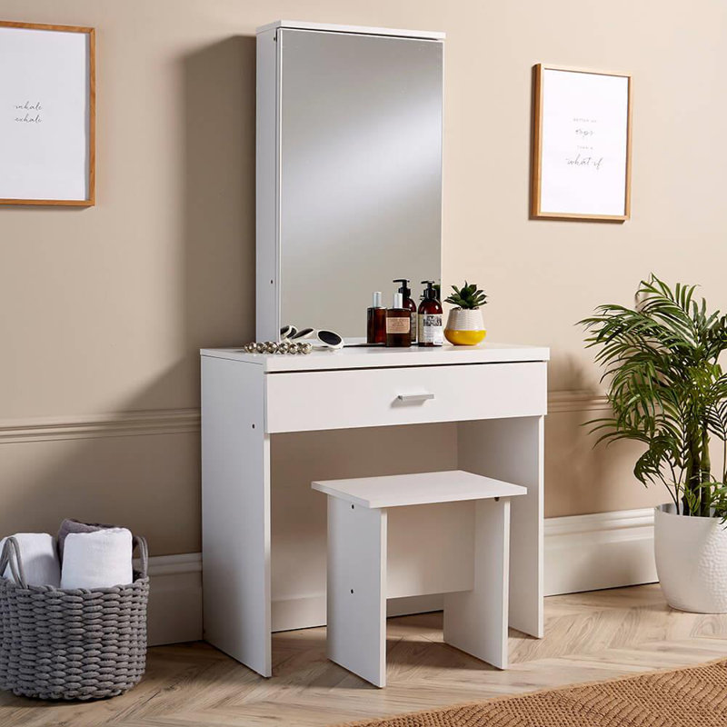 Silender 1 Drawer Dressing Table with Sliding Vanity Mirror and Stool Set, White