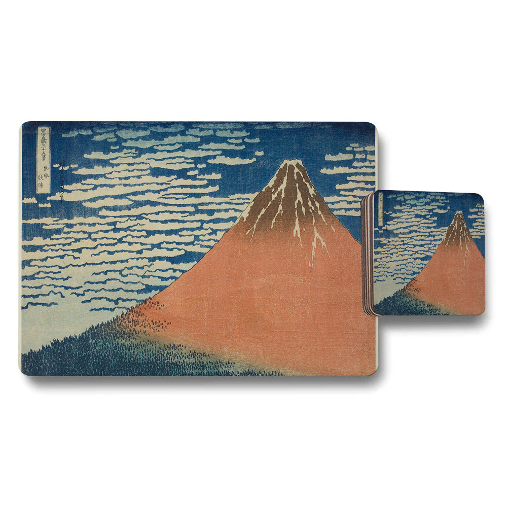 Mount Fuji Placemat And Coaster Set Japanese Woodblock Style