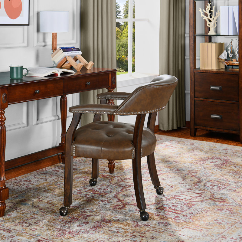 Wexford Collection Mid-Century Modern Upholstered Dining Chair, Faux Leather Wood Accent Chair with Arms and Casters, Single Dining Chair for Dining Room, Vanity or Office