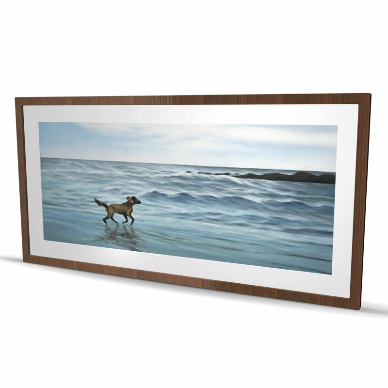 Chien sur la plage - reproduction encadrée pour décoration de salle de bain, H 24 po x l 48 po, Brun