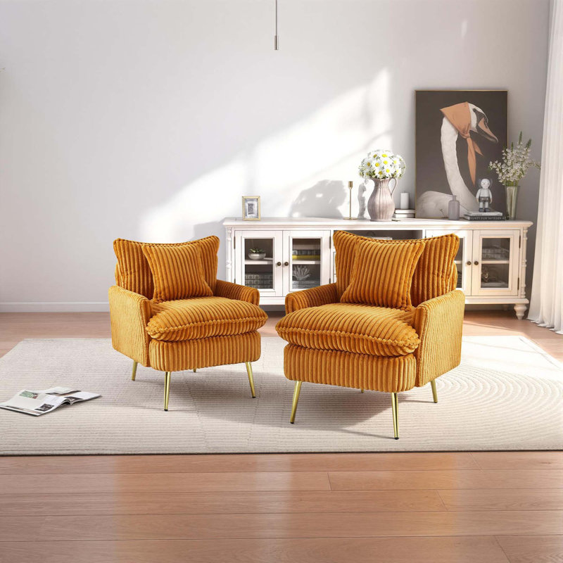 Wide Wingback Armchair With Accent Pillow, Modern Luxury Accent Chair For Living Room & Bedroom, Yellow