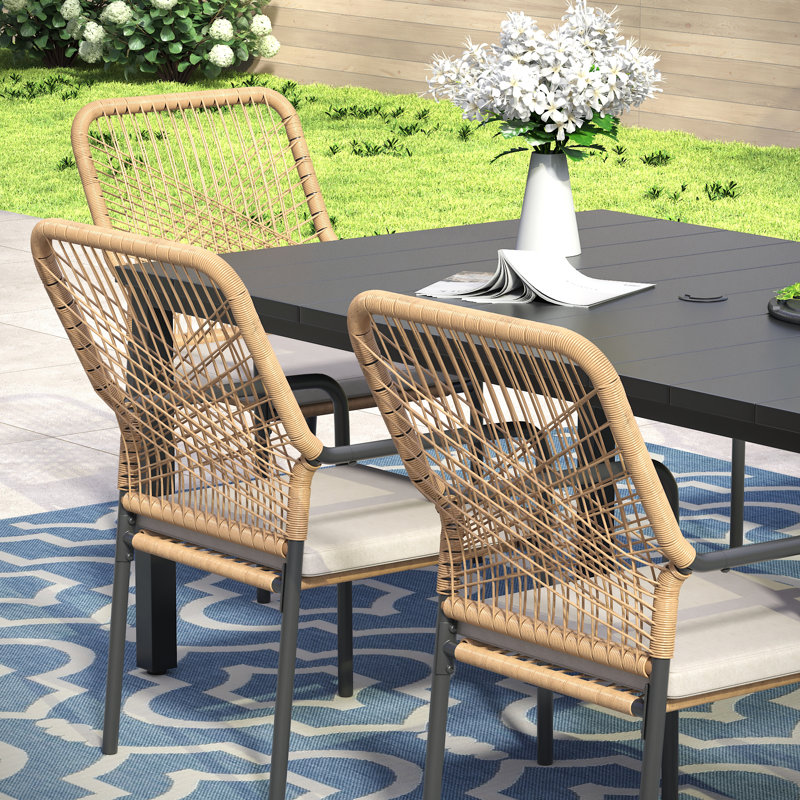 6-Person Rectangular Patio Dining Set with Cushioned Stackable Rattan Chairs, Gray