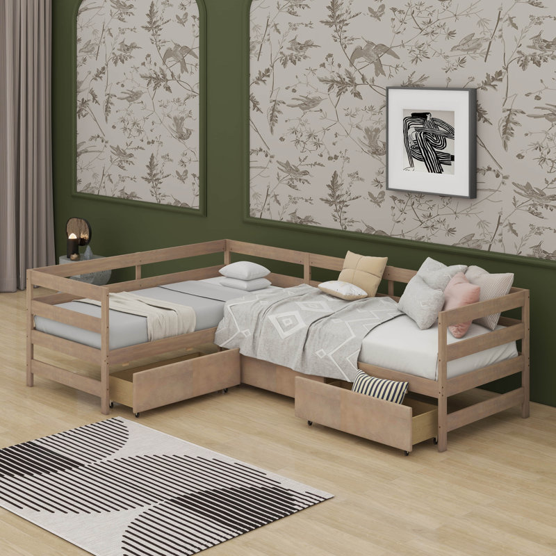 Lit plateforme simple en forme de L avec trois tiroirs de rangement, Naturel