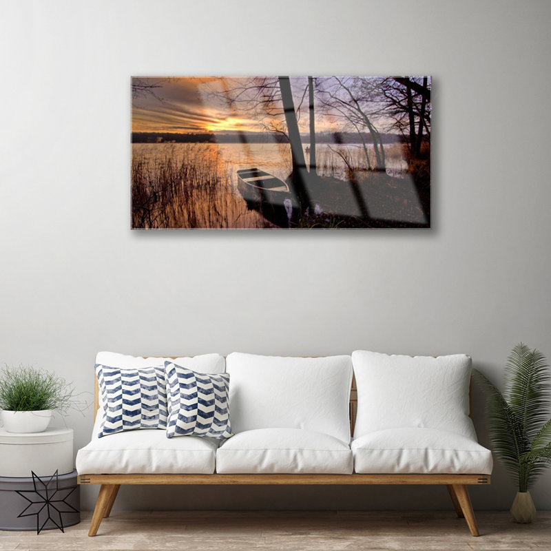 Glass Print Wall Art 100X50cm Image Printed On Glass Decorative Wall Picture Behind Toughened / Tempered Safety Real Glass For Kitchen & Living Room Theme: Sea Boat Landscape