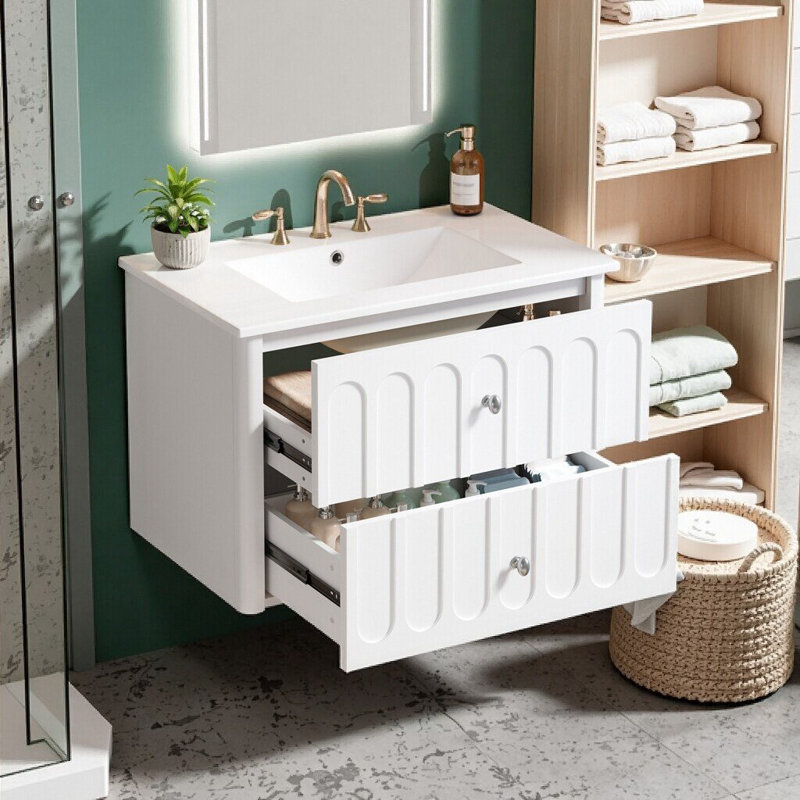 Meuble-lavabo simple avec lavabo en céramique, tablette ouverte, 2 tiroirs, Blanc