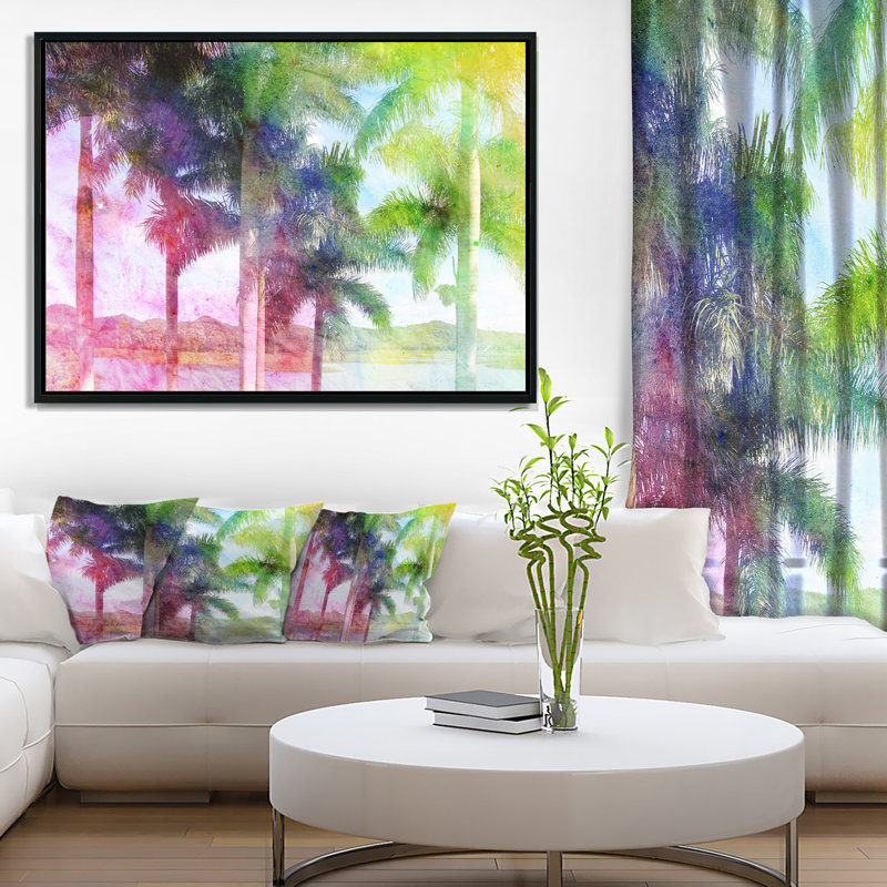 «Green Retro Palm Trees», impression sur toile tendue, H 12 po x l 20 po, Cadre noir