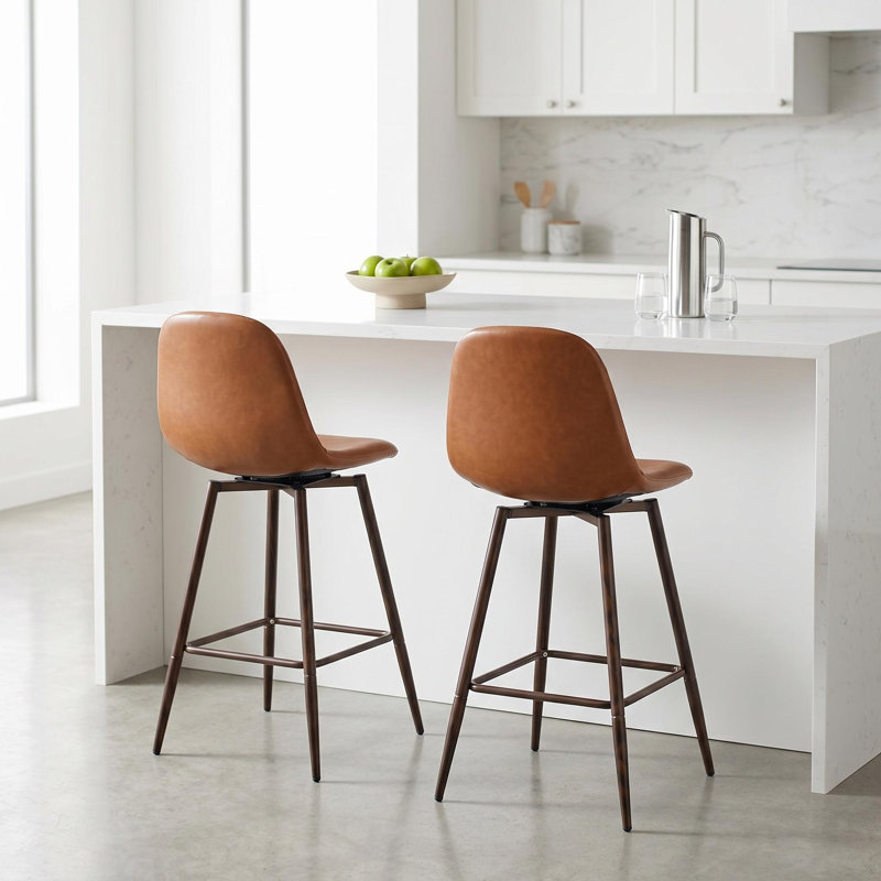 Tabouret de comptoir pivotant de 26 po pour îlot de cuisine avec dossier et repose-pieds Moulton, Similicuir - brun