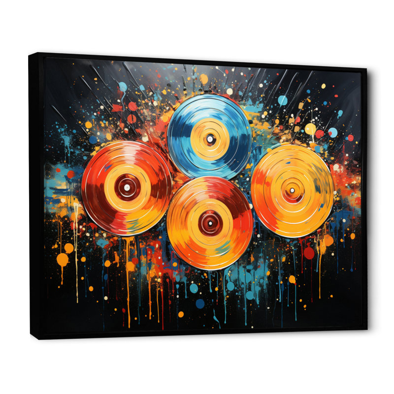 Disque vinyle, rainure rétro I sur toile, Cadre flottant noir, H 16 po x l 32 po x P 1 po