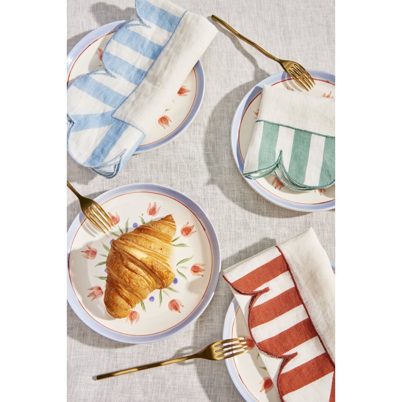 Embroidered Linen Scalloped Stripe Double-Sided Placemats, Red