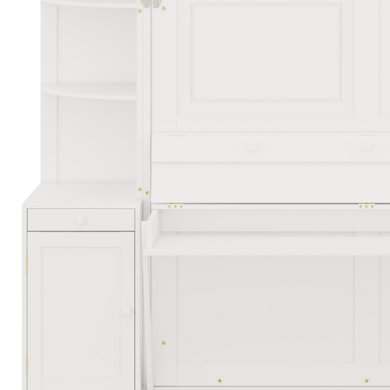 Lit escamotable avec bureau, tablettes de rangement et armoires pour économiser de l'espace, Blanc