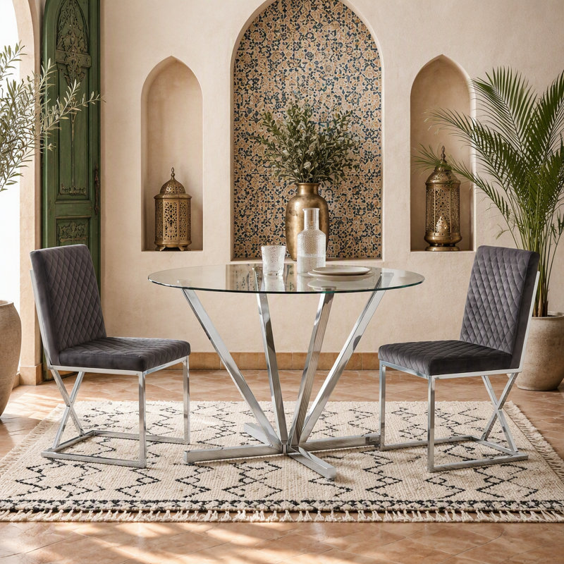 Table de salle à manger ronde de 45,27 po, table de cuisine en verre trempé avec pieds en métal chromé argenté, table de salle à manger moderne pour la cuisine, le salon et l'assemblage facile