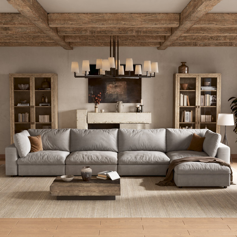 Canapé modulaire rembourré 6 pièces avec rangement 142 po 6 pièces, Lin blanc, H 37,6 po x l 142 po x P 64 po