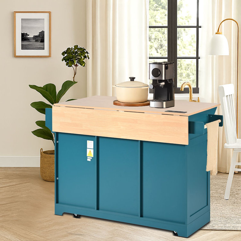 Expandable Drop Leaf Kitchen Island with Built-in Power Outlet, Rolling Storage Cart with Drawers, Adjustable Shelves & Towel Rack
