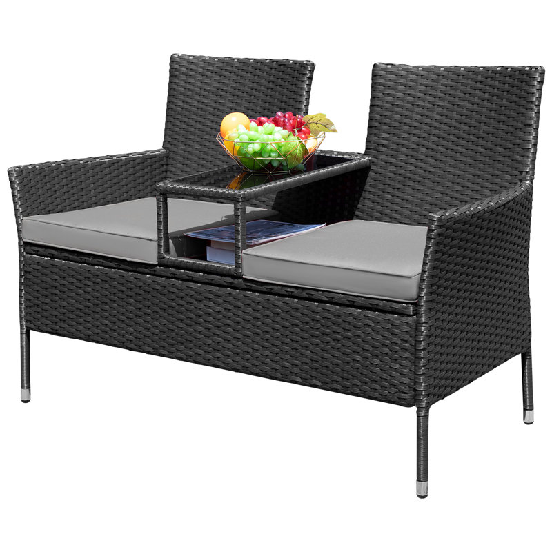 Ensemble de conversation en rotin 3 pièces avec table intégrée pour jardin Margueriez, gris