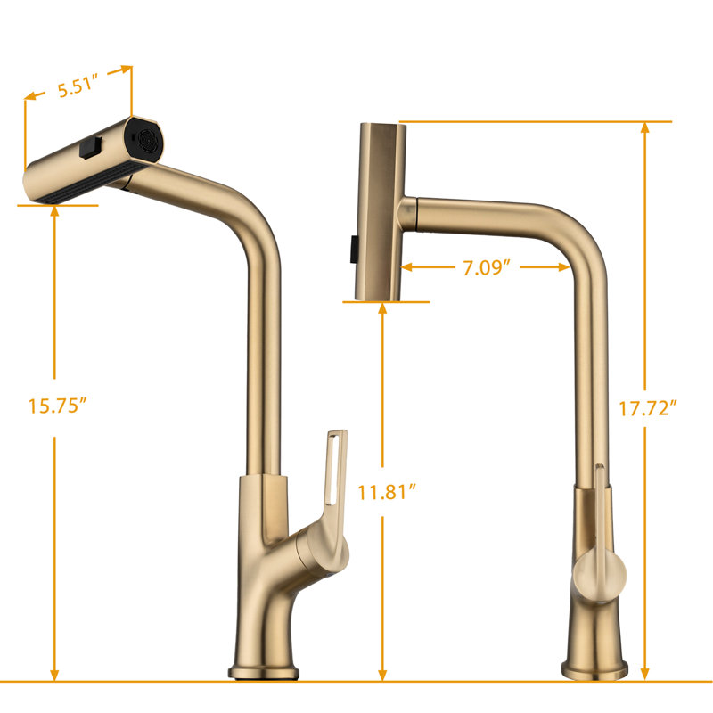 Brushed Gold Pull Down Spray Kitchen Faucet - 360 Rotating, Single Handle, , 3 Settings, Hot And Cold Water With Water, Zinc, Construction,