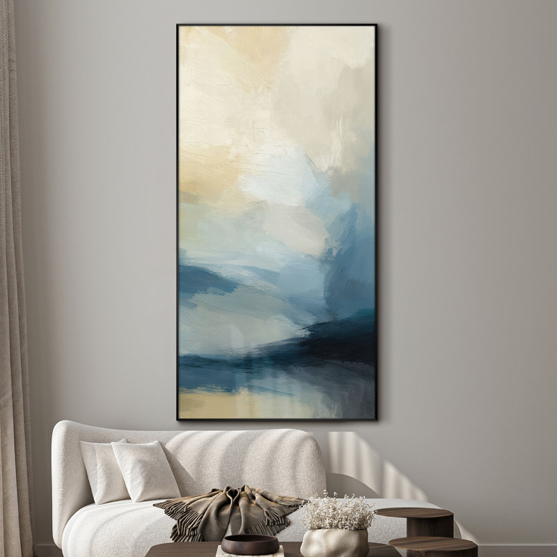 Extra Large Wall Art Fabric Print - Soft Blue and Beige Abstract Coastal Horizon Artwork Decor for Living Room or Bedroom - "Frame Assembly Required (Unfinished Frame)"