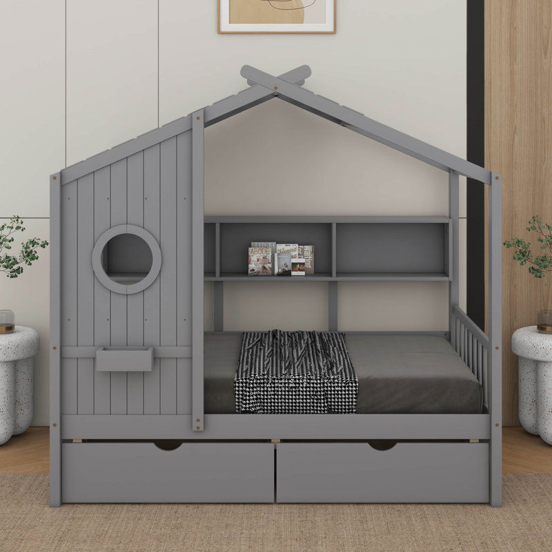Twin Size House Bed With Drawers, Grey