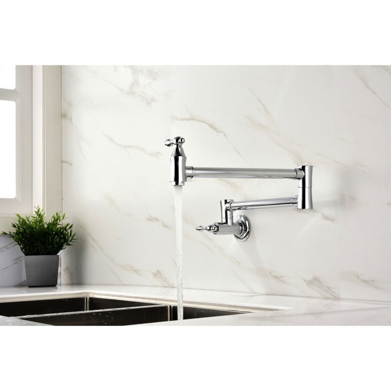 Wall Mount Pot Filler Faucet - Brass, Arm For Easy Filling, Double Handles Smooth Water Control, Fingerprint Finish - Reach To Pots, Precise Discharge Coating