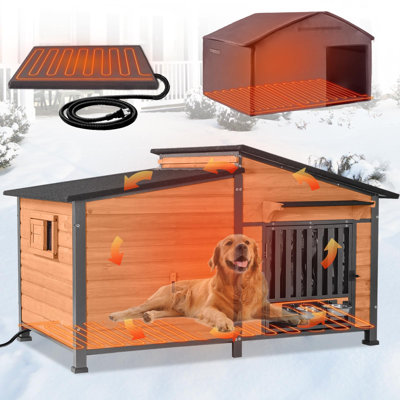 Extra Large 60" Heated Dog House Outdoor Dog Kennel With Safe Heated Pad, Chew-proof Metal Frame And Rotating Food Bowl For Large Dog Breeds, 60" L X 36" W X35.4 H (brown)
