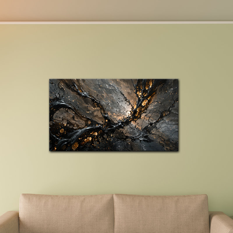 Obsidian Energy: Interwoven Black and Gold Abstract Textures (customizable) by Genie's Poems, 12" H x 18" W
