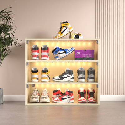 Boîte à chaussures à DEL blanc cassé à trois couches avec portes en verre