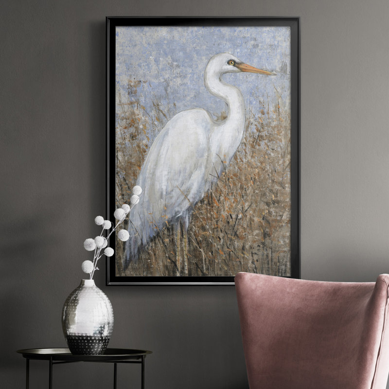 White Heron I - Toile encadrée de qualité supérieure - prête à être accrochée, H 30,5 po x l 22,5 po, Impression encadrée