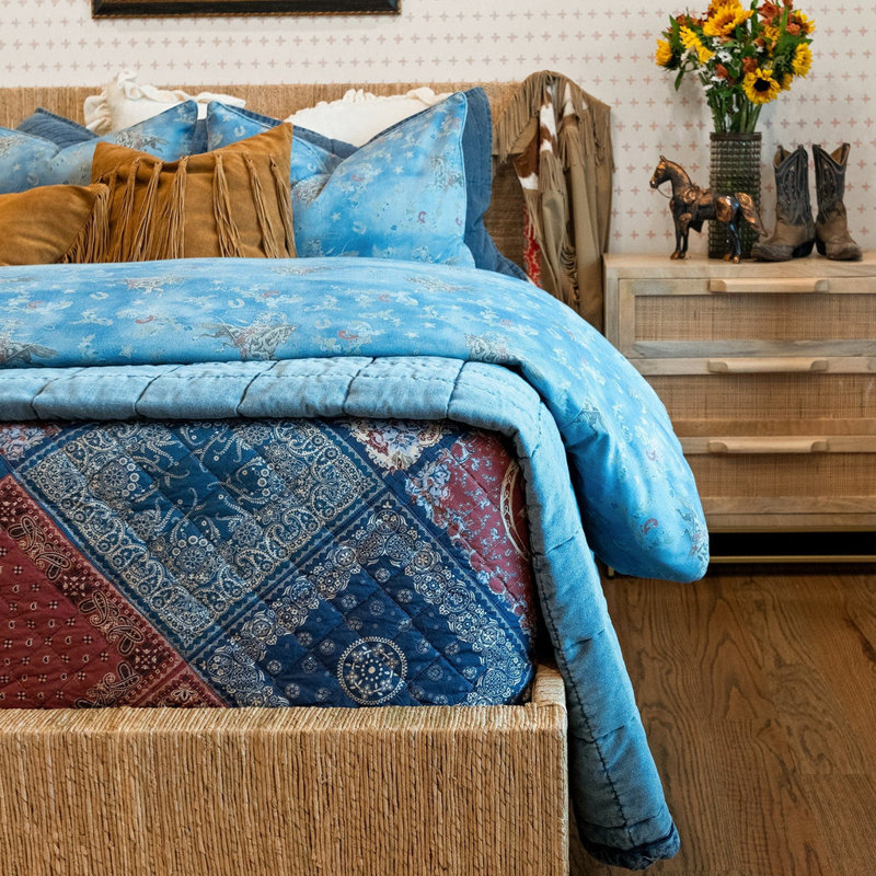 Twin Blue Cotton Western Floral Duvet Cover Set