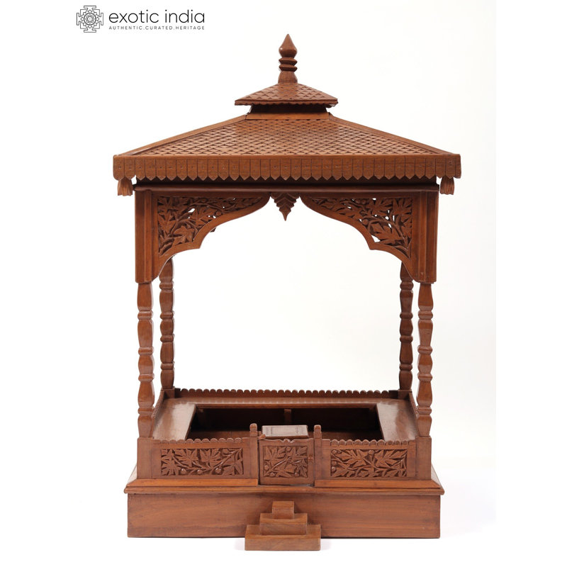28" Kashmir Walnut Wood Carved Designer Temple - Handcrafted Traditional Indian Pooja Mandir with Intricate Maple Leaf Design Home Spiritual Decor