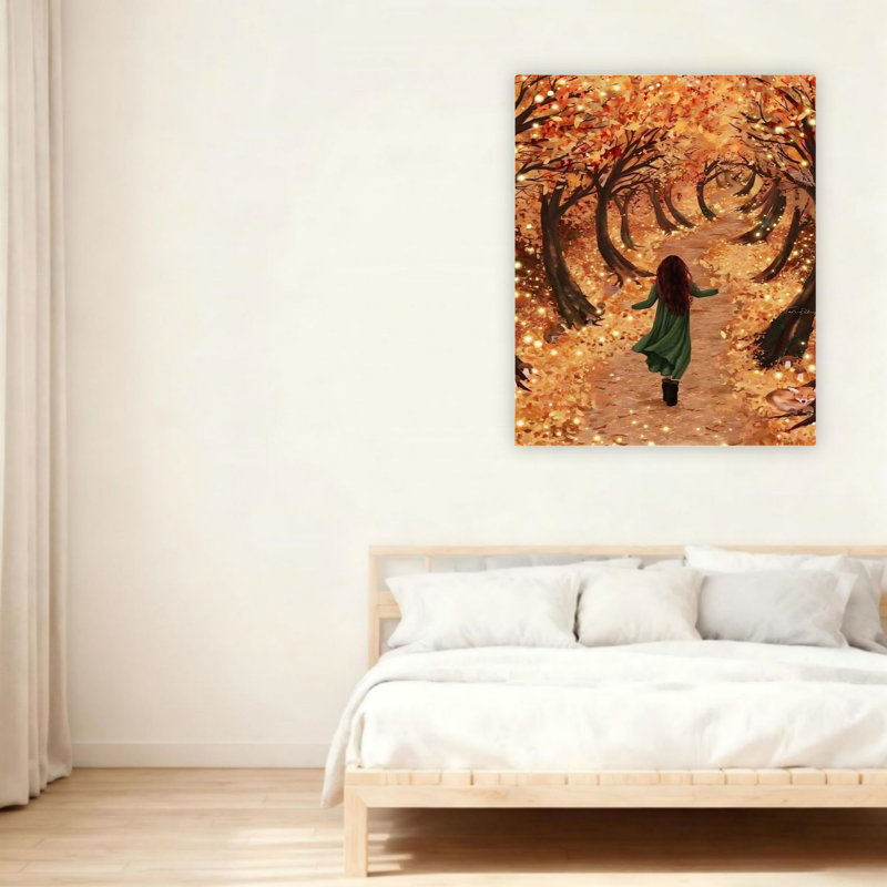«Enchanted Golden Fall Forest Path With Girl», art mural sur toile non encadrée 24 po x 36 po