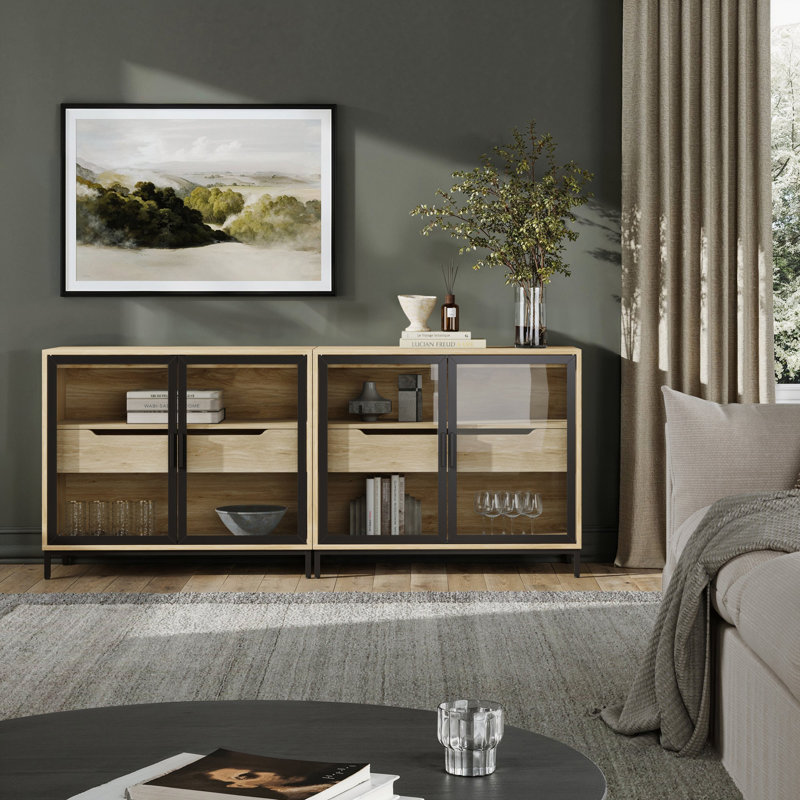 Metal And Glasss Sideboard Accent Cabinet Credenza, 31" H x 74" W x 16" D, 2